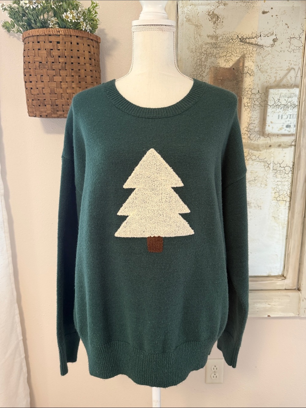 tea n rose Forest Green Crewneck Sweater with Cream Tree Appliqué